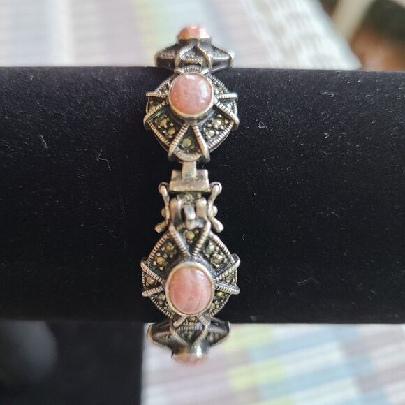 Vintage Sterling Silver Marcasite & Rhodochrosite Cabochons Pink Stone Bracelet - Picture 7 of 10